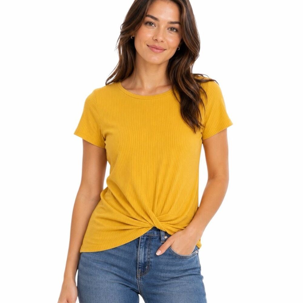 L.O.V. Women’s Mustard Yellow Ribbed Twist Front Short Sleeve Top Size Small